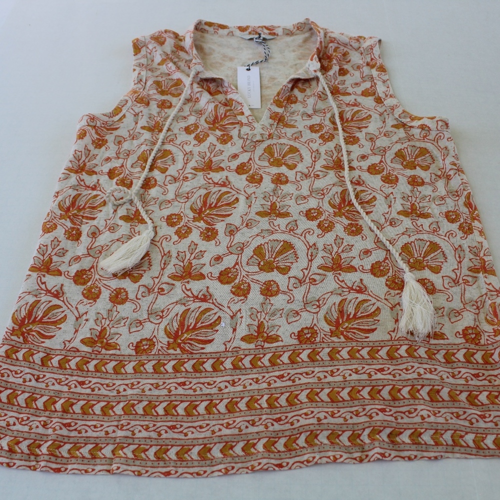 NWT Lucky Brand Border Printed Smocked Style Top